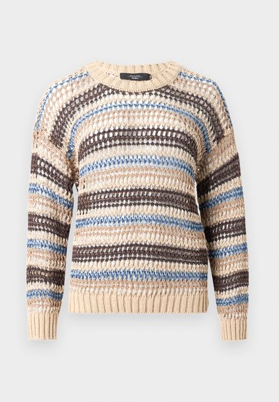 Μπεζ ανοιχτό πλεκτό πουλόβερ με καφέ και μπλε οριζόντιες ρίγες, μακριά μανίκια, στρογγυλή λαιμόκοψη και ριμπ μανσέτες και τελείωμα.