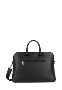 Borsa a mano in pelle nera con finitura testurizzata, doppio manico, tasca frontale con cerniera e tracolla removibile. Forma liscia e ben strutturata.