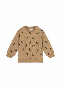 Brun sweatshirt med svart halvmånemönster och broderad text "till månen." Inkluderar ribbade mudd och halsringning, knappdetaljer med tryckknappar.