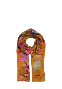 Sciarpa con motivo floreale in un caldo giallo senape, caratterizzata da grandi fiori rosa e viola con accenti verdi, realizzata in tessuto leggero.