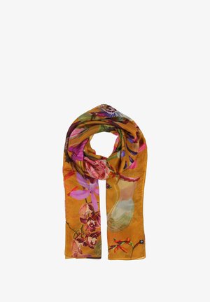 Sciarpa con motivo floreale in un caldo giallo senape, caratterizzata da grandi fiori rosa e viola con accenti verdi, realizzata in tessuto leggero.
