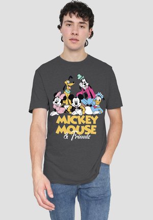 Graues T-Shirt mit bunten Cartoon-Charakteren: Micky Maus, Minnie Maus, Donald Duck, Goofy und Pluto, mit dem Text "Micky Maus & Freunde".