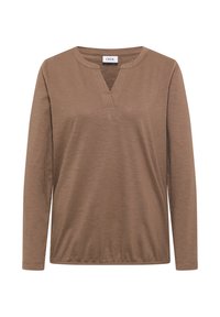 Haut marron à manches longues avec un col en V, fabriqué à partir d'un matériau doux. Possède une coupe décontractée et une texture subtile sur l'ensemble du tissu.