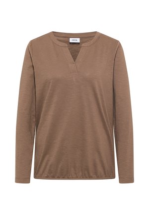 Haut marron à manches longues avec un col en V, fabriqué à partir d'un matériau doux. Possède une coupe décontractée et une texture subtile sur l'ensemble du tissu.