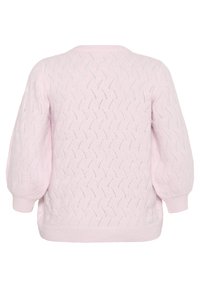 Pull en maille rose clair avec un motif en chevrons, des manches ballons et des bords côtelés au niveau des poignets et de l'ourlet. Tissu texturé avec des coutures ouvertes.