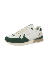 Sneaker verde e bianco realizzato in materiali scamosciati e in pelle. Presenta lacci e dettagli beige, suola imbottita e design della punta arrotondata.