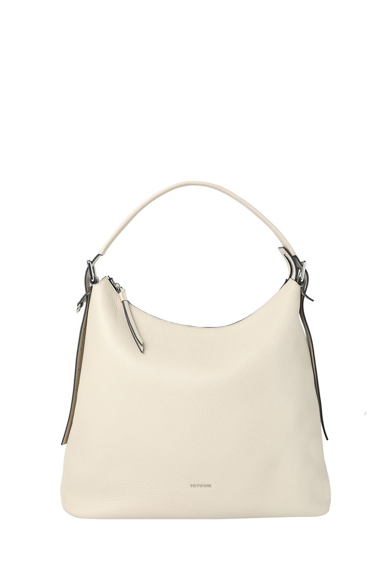 Kremowa skórzana torba na ramię z jednym zakrzywionym uchwytem, srebrnym zamkiem błyskawicznym i subtelnym logo na środku przodu.