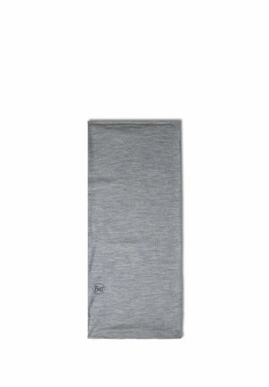 Braga de cuello rectangular de la marca Buff en color gris claro, hecha de tela suave, con una textura jaspeada sutil y un pequeño logo cerca de un borde.