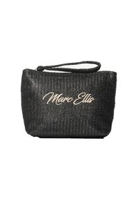 Schwarze, gewebte Handtasche mit strukturierter Form, ausgestattet mit einem Schultergurt und geprägtem "Marc Ellis"-Logo in metallic Silber.
