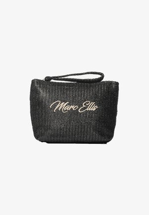 Zwarte geweven handtas met een gestructureerde vorm, voorzien van een schouderriem en het ingedrukte "Marc Ellis" logo in metallic zilver.