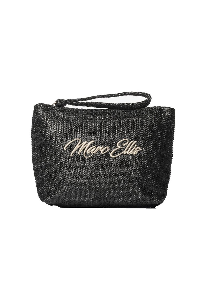 Schwarze, gewebte Handtasche mit strukturierter Form, ausgestattet mit einem Schultergurt und geprägtem "Marc Ellis"-Logo in metallic Silber.
