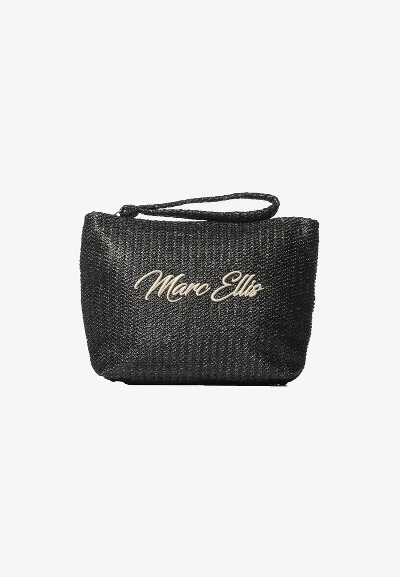 Schwarze, gewebte Handtasche mit strukturierter Form, ausgestattet mit einem Schultergurt und geprägtem "Marc Ellis"-Logo in metallic Silber.