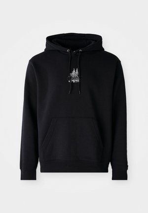 Black hoodie made of cotton blend with a front pocket, drawstring hood, and white graphic of trees on the chest. Soft texture.