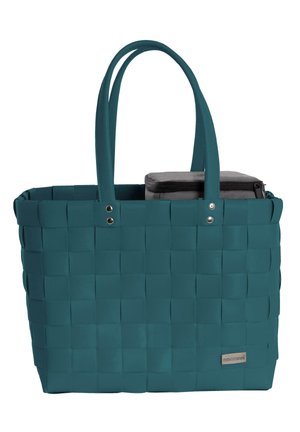 Türkise, geflochtene Tragetasche aus strapazierfähigem Material, ausgestattet mit zwei stabilen Griffen und einem Reißverschluss-Innenfach für zusätzlichen Stauraum.