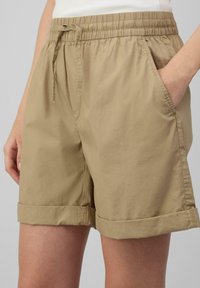Beige shorts met een elastische tailleband en trekkoord, voorzien van zijzakken en opgerolde boorden; gemaakt van lichte stof met een gladde textuur.