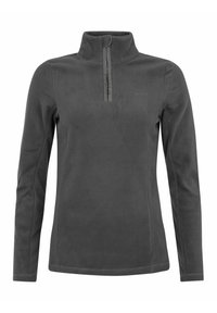 Donkergrijs fleece sweatshirt met een kwart rits, lange mouwen en een zachte textuur. Bevat een subtiele logo op de borst en een hoge kraag.