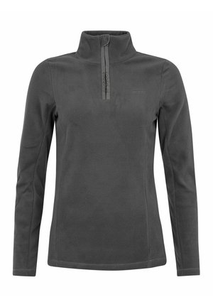 Sudadera de forro polar gris oscuro con media cremallera, mangas largas y una textura suave. Presenta un logotipo sutil en el pecho y un cuello alto.