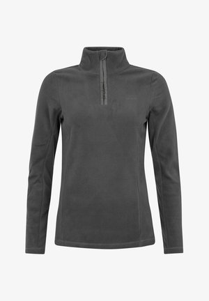 Donkergrijs fleece sweatshirt met een kwart rits, lange mouwen en een zachte textuur. Bevat een subtiele logo op de borst en een hoge kraag.