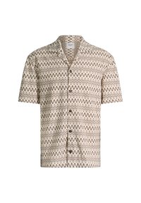 Μπεζ κοντομάνικο πουκάμισο με μαύρο ζιγκ ζαγκ σχέδιο και ανοιχτό γιακά, με τη μάρκα JOOP! στην εσωτερική ετικέτα.