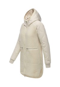 Krämfärgad hoodiejacka med en fluffig textur på kroppen, släta ärmar, dragkedjefickor och hög krage för extra värme.