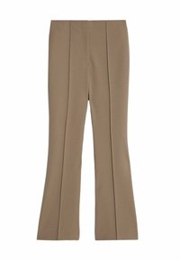 Beige flare-broek gemaakt van rekbaar materiaal, met een platte voorkant met plooien, een gladde textuur en een gematigde taille.