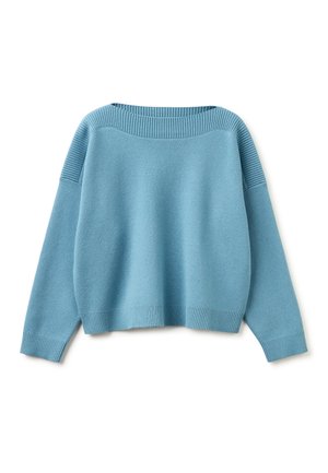 Jasnoniebieski sweter z dzianiny z prążkowanym okrągłym dekoltem, mankietami i dołem, o luźnym kroju i opuszczonych szwach na ramionach.