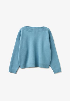 Světle modrý pletený svetr s žebrovaným kulatým výstřihem, manžetami a lemem, s volnějším střihem a spadenými rameny.