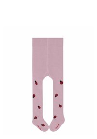 Różowe rajstopy o gładkiej fakturze, z drobnym czerwonym wzorem biedronek i czarnymi akcentami. Prążkowany pas z logo „FALKE” na stopie.