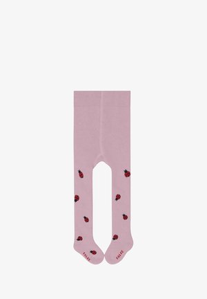 Roze panty's met een gladde textuur, voorzien van kleine rode lieveheersbeestjespatronen en zwarte accenten. Geribbelde tailleband met het "FALKE"-logo bij de voet.