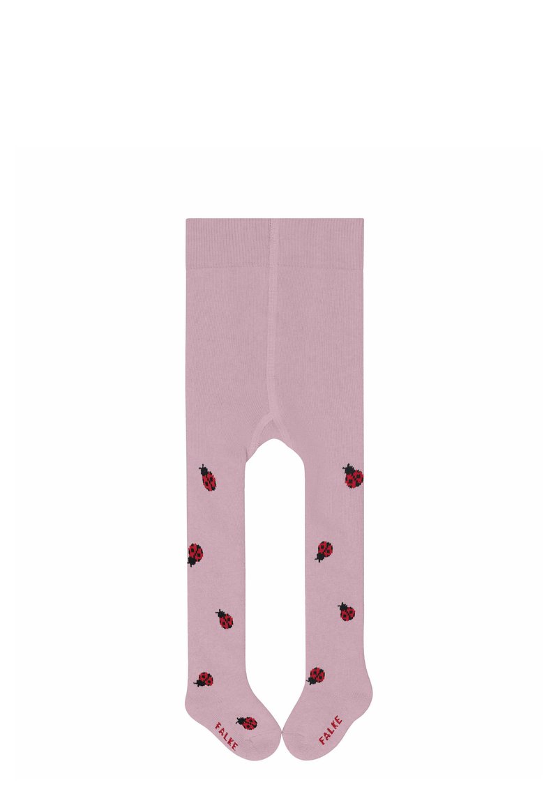 Różowe rajstopy o gładkiej fakturze, z drobnym czerwonym wzorem biedronek i czarnymi akcentami. Prążkowany pas z logo „FALKE” na stopie.