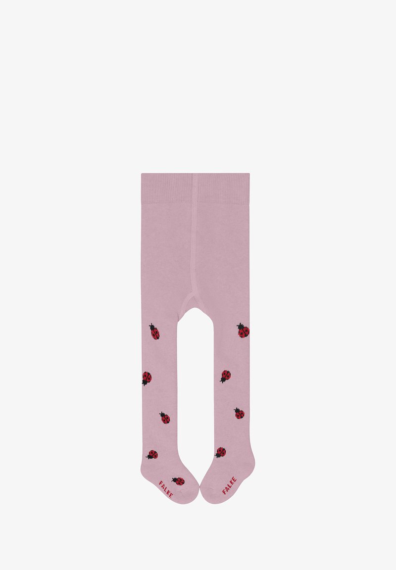 Różowe rajstopy o gładkiej fakturze, z drobnym czerwonym wzorem biedronek i czarnymi akcentami. Prążkowany pas z logo „FALKE” na stopie.