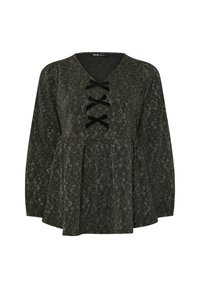 Blusa nera con motivo floreale, scollo a V, maniche lunghe e tre nastri di velluto al centro. Parte inferiore svasata con tessuto testurizzato.