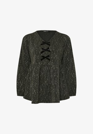 Schwarze Bluse mit Blumenmuster, V-Ausschnitt, langen Ärmeln und drei Samtbändern in der Mitte. Ausgestellt geschnitten mit strukturiertem Stoff.