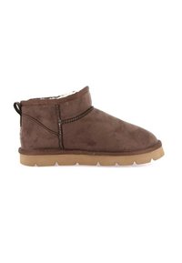 Stivaletto in suede marrone con punta rotonda, fodera in shearling e suola in gomma con un motivo testurizzato. Linguetta sul retro per una facile vestibilità.
