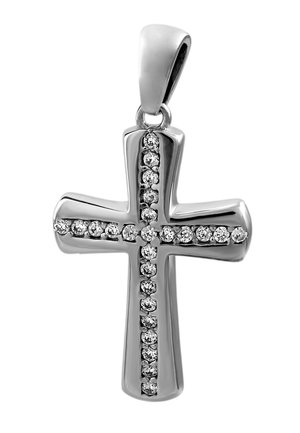 Silver cross pendant with a polished finish, featuring clear gemstones embedded along the center and horizontal arms for decorative accents.