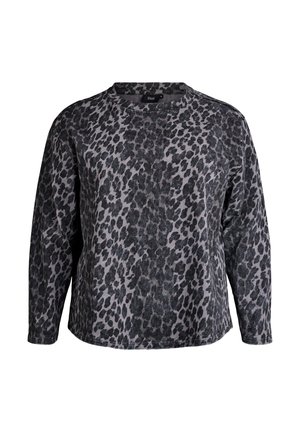 Halenka s leopardím potiskem, dlouhý rukáv, v odstínech šedé a černé, s kulatým výstřihem a volným střihem. Materiál vypadá jemně a texturovaně.