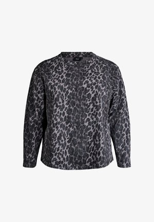 Top a maniche lunghe con stampa leopardata in tonalità di grigio e nero, dotato di scollo rotondo e vestibilità comoda. Il tessuto sembra morbido e con una texture interessante.