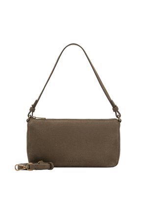 Braune Wildlederrechtecktasche mit verstellbarem Schulterriemen und Reißverschluss, versehen mit einem abnehmbaren passenden Lederband.