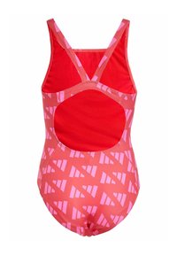 Red swimsuit with a pink geometric pattern, featuring crossback straps and an open back design. Smooth texture and comfortable fit.