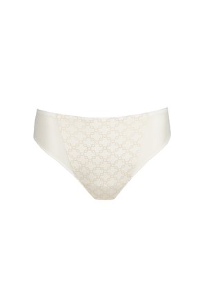 Mutandine per donna color crema con sottile motivo geometrico sul pannello frontale e lati in tessuto liscio.