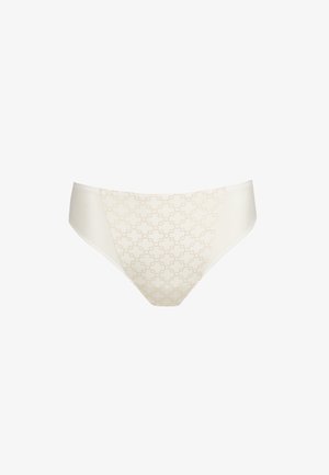 Cream-colored women's brief underwear with subtle geometric pattern on front panel and smooth fabric sides.