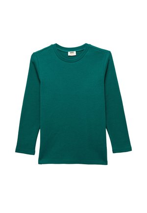 T-shirt à manches longues et col rond en teal, fabriqué en coton texturé avec des détails côtelés sur les épaules. Conception simple et classique.