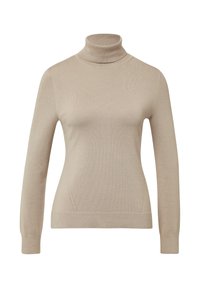 Beżowy sweter z golfem wykonany z miękkiego materiału dzianinowego. Posiada długie rękawy, dopasowany krój, żebrowany kołnierz oraz subtelne szwy po bokach.