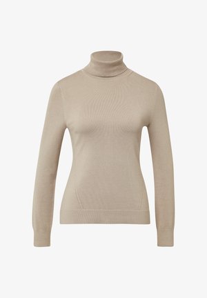 Beżowy sweter z golfem wykonany z miękkiego materiału dzianinowego. Posiada długie rękawy, dopasowany krój, żebrowany kołnierz oraz subtelne szwy po bokach.