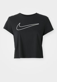 T-shirt cropped preto com um grande logo swoosh branco da Nike no peito, mangas curtas e colarinho estilo crew neck.
