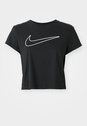 Crni skraćeni majica s kratkim rukavima s velikim bijelim Nike swoosh logotipom na prsima i okruglim izrezom.
