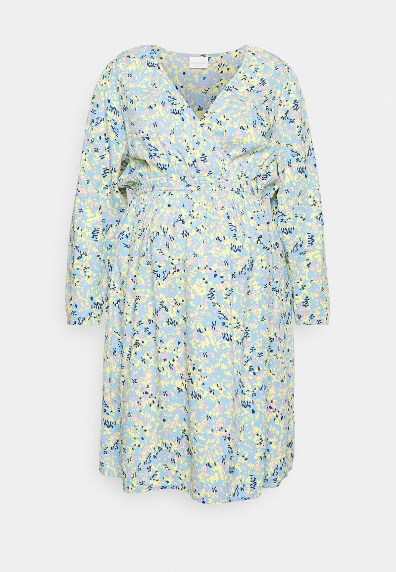 Robe à imprimé floral avec manches longues. Présente un col en V et une taille élastique. Couleurs comprenant bleu, jaune, rose et accents bleu marine foncé.