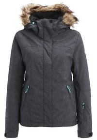 Veste d'hiver gris foncé avec capuche bordée de fourrure, fermeture éclair frontale dissimulée par un rabat, et tirettes de fermeture éclair turquoise sur les poches et la poche de la manche.