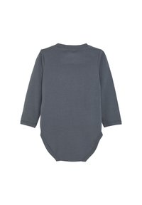 Grijze longsleeve body gemaakt van zachte stof, met een ronde hals en drukknoopsluiting onderaan, met een subtiele ribbelstructuur.