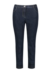 Tmavě modré džíny z denimu s klasickým designem pěti kapes, s knoflíkovým zapínáním a prošíváním na manžetách.